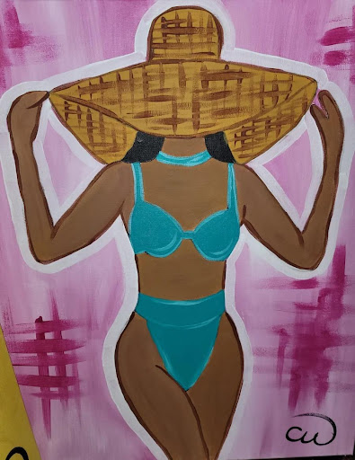 A painting of a woman in blue bathing suit and straw hat.