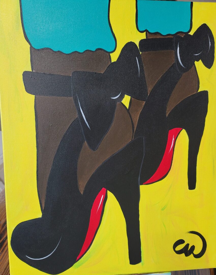 A painting of two pairs of shoes on display.