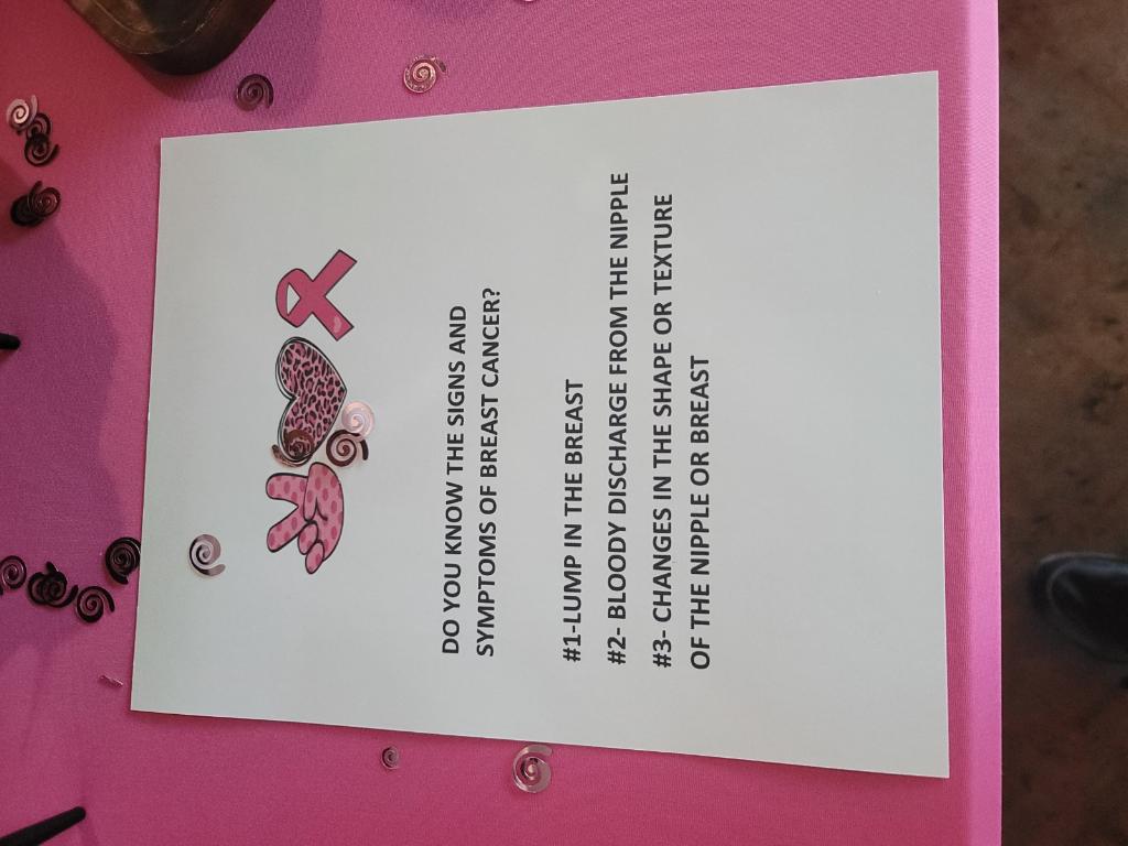 A pink table with a card and some buttons