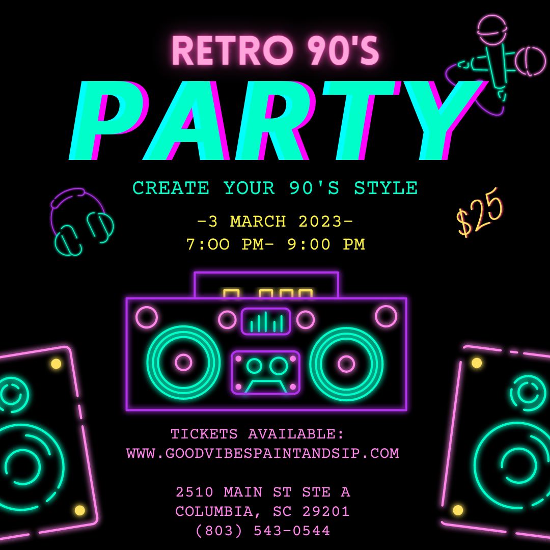 A neon poster with speakers and the words retro 9 0 's party