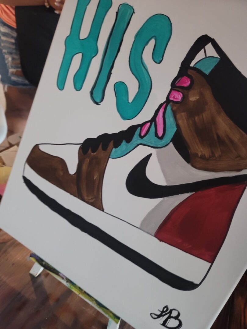 A painting of a shoe with the word " miss " written on it.