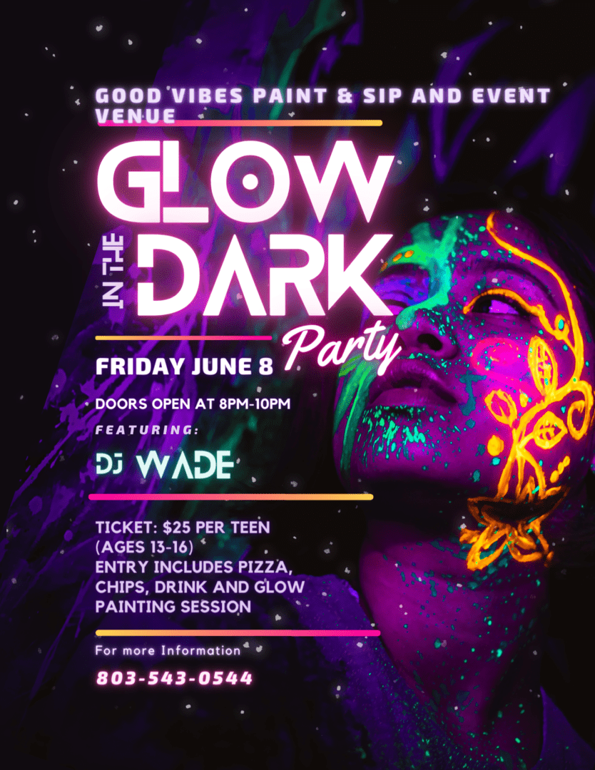 The poster of the glow in the dark party with a face
