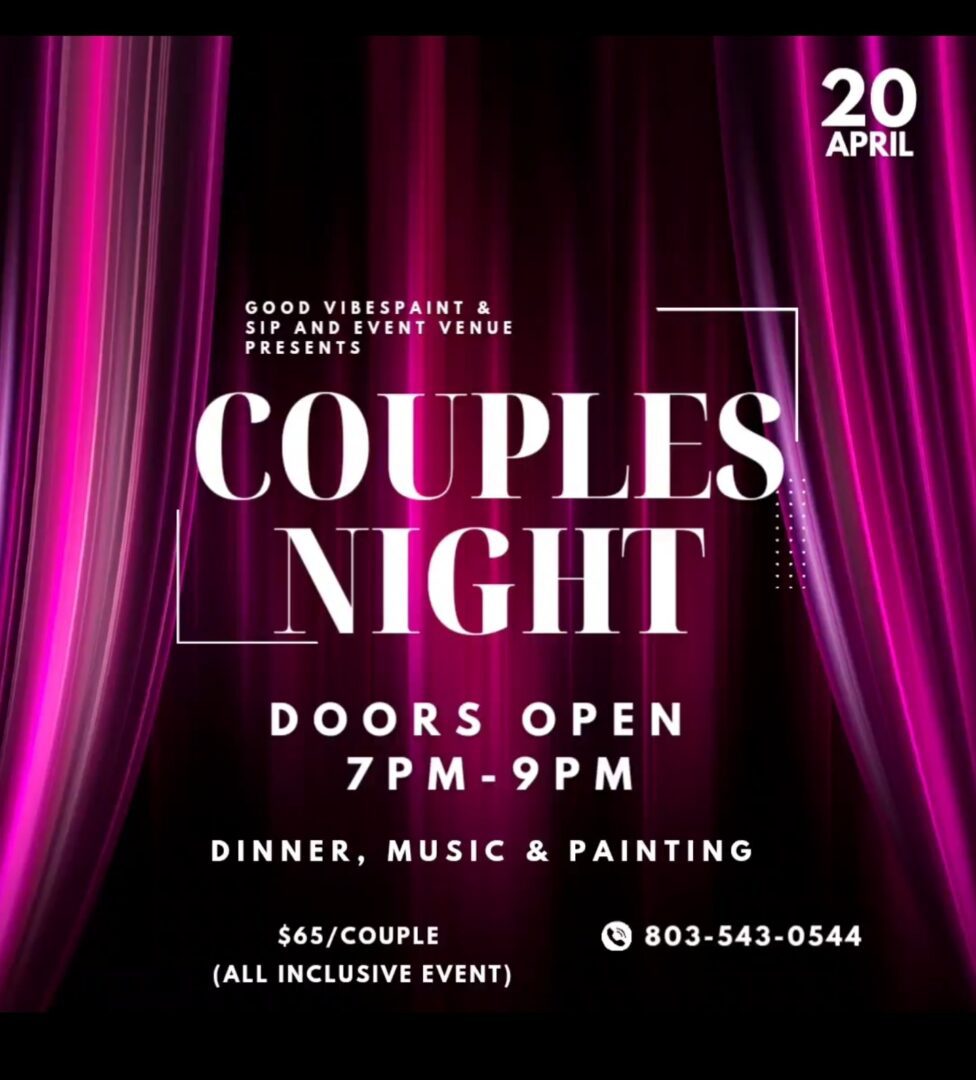 A poster of couples night doors open 7pm to 9pm